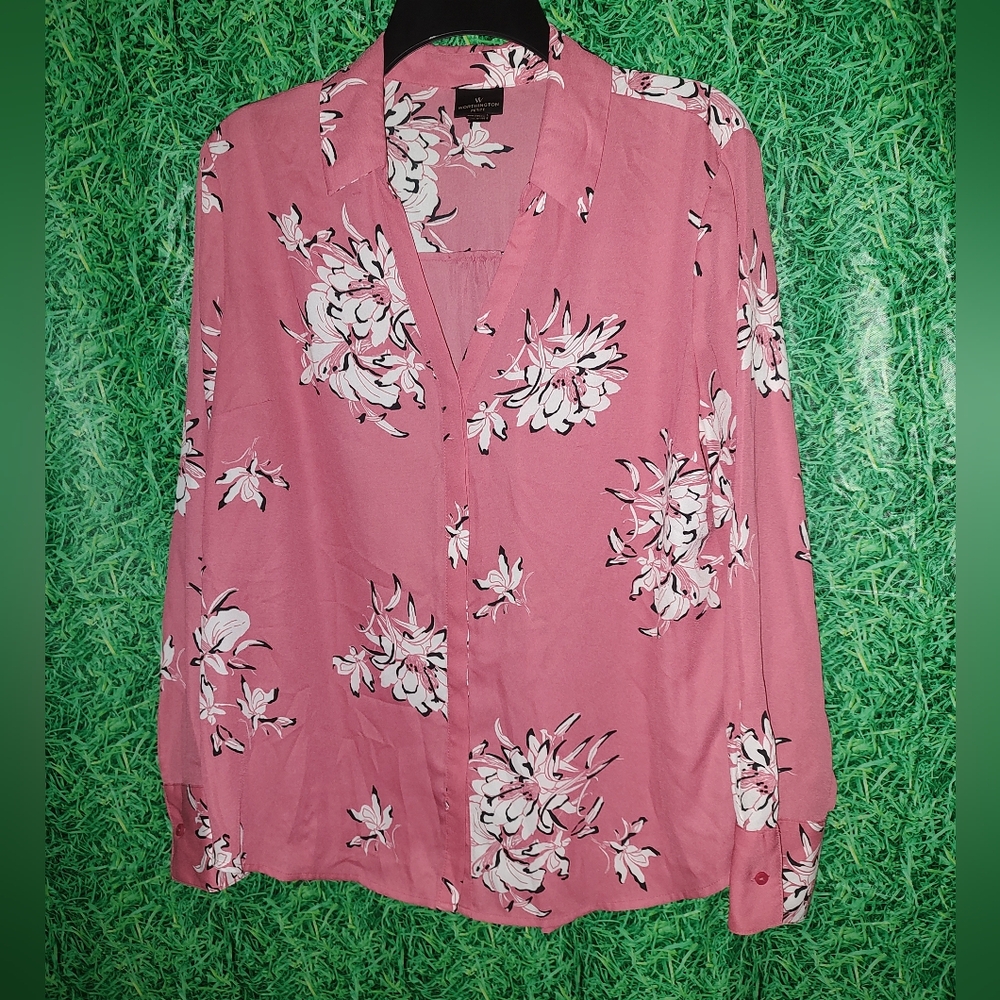 Worthington Pink Floral Print Button Up Petite Large Long Sleeve Casual Everyday